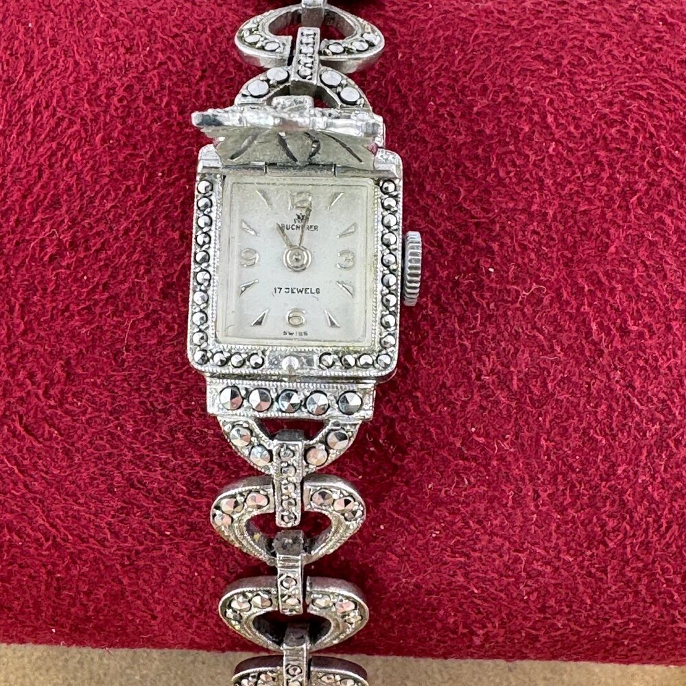 Vintage Elegant 1950's Bucherer Ladies Swiss Made Marcasite Peak-A-Boo Watch